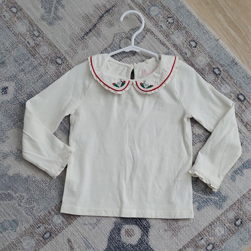 Mini Boden Toddler Girls Embroidered Peter Pan Collar Holiday Shirt Top Sz3-4y